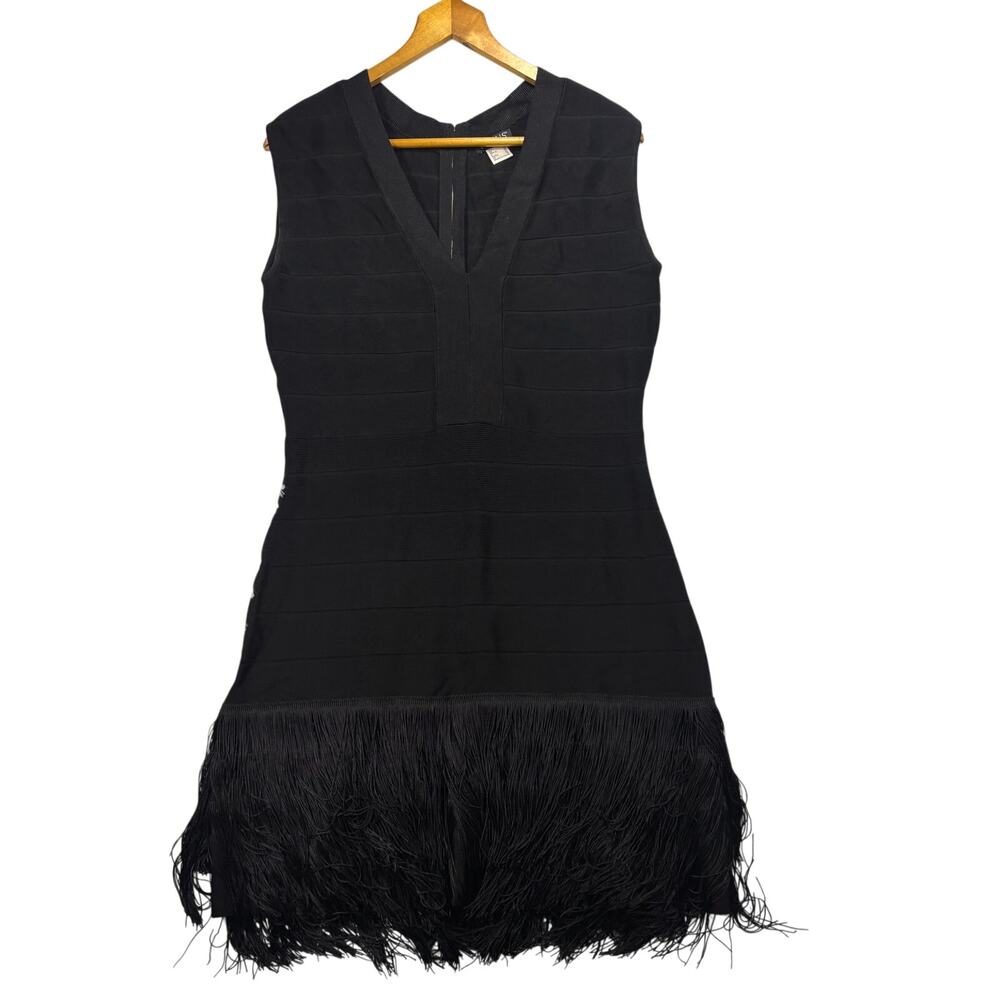 Sleek Black V Neck Bandage Bodycon Mini Dress Flapper Fringe Party Coquette